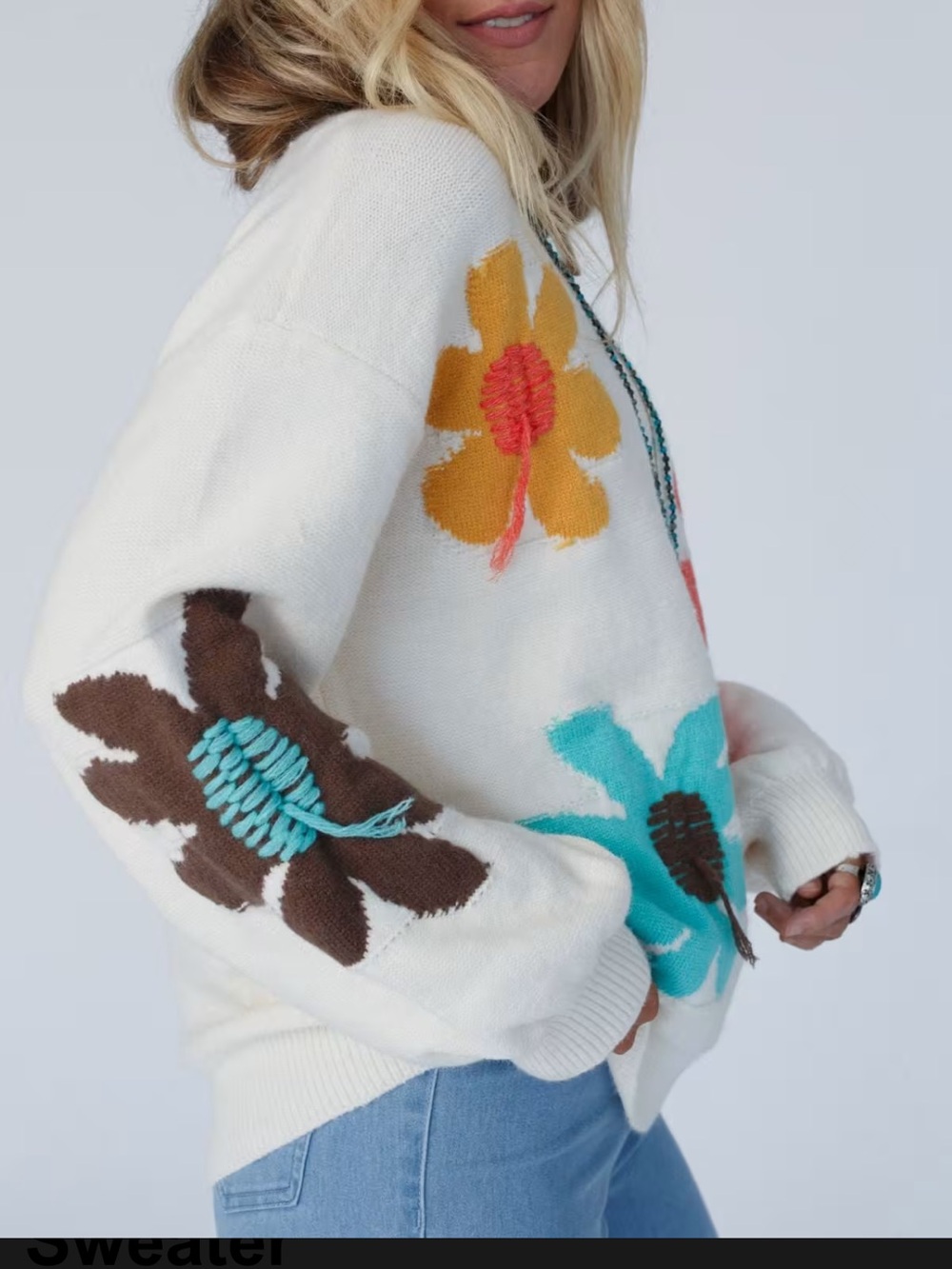 POL Boho Good Mood Flower Sweater in OVERSIZED Medium - Picture 4 of 14